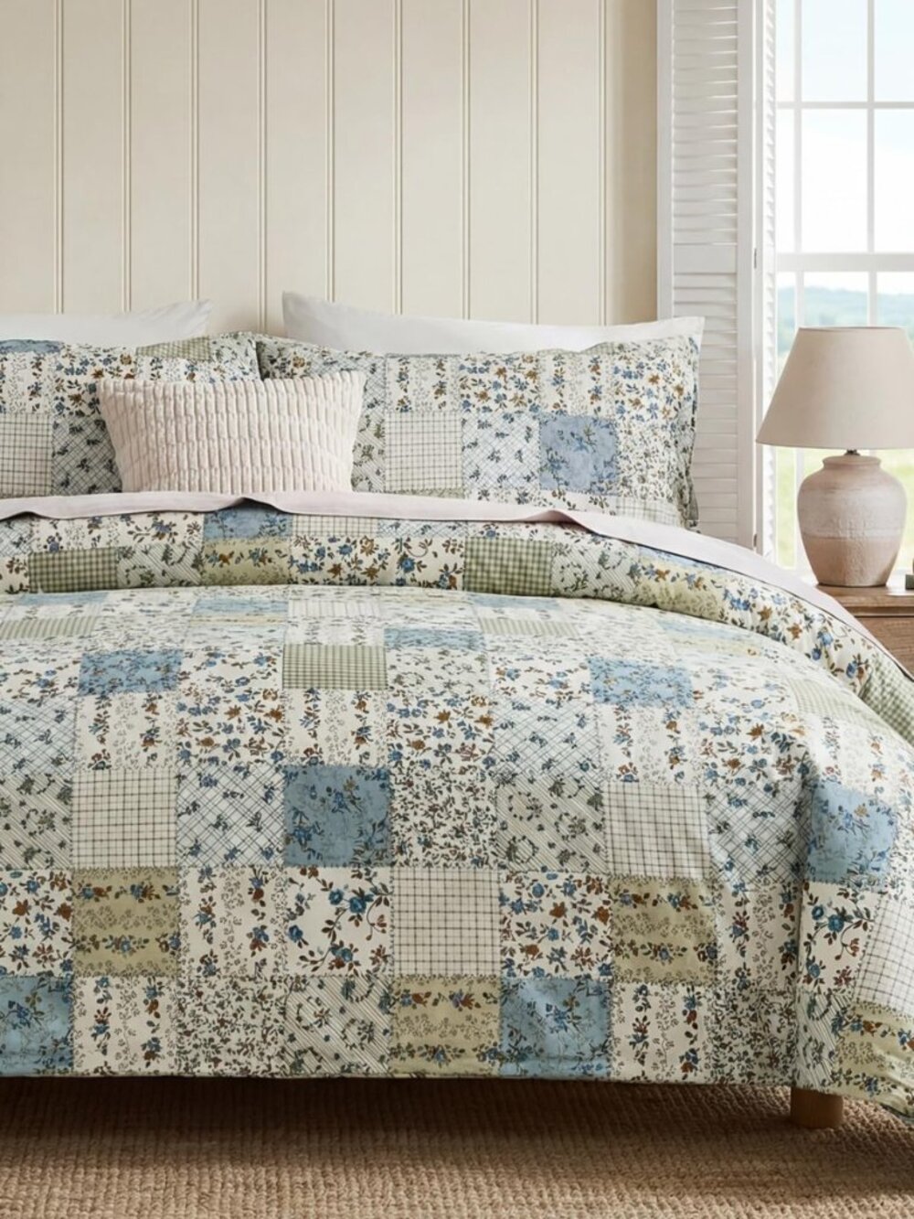 Blue Floral Duvet Cover Set King Size 100% Cotton Botanical Patchwork Vintage